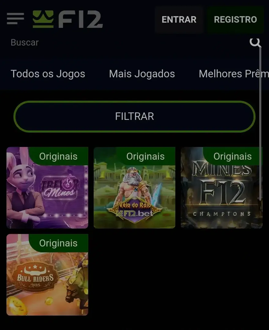 Captura de tela com a p&aacute;gina de jogos originais da F12 Bet