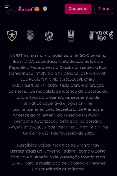 Captura de tela com as informa&ccedil;&otilde;es de regulamenta&ccedil;&atilde;o da Vbet