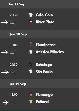 Captura de tela do site de apostas Bet365 com as partidas da semana da Libertadores e &iacute;cone de transmiss&atilde;o ao vivo