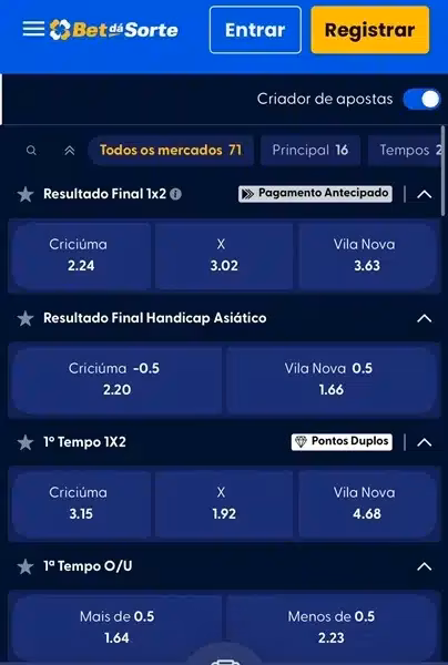 Captura de tela com criador de apostas ativado na Bet d&aacute; Sorte