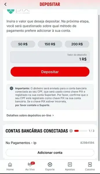 Superbet dep&oacute;sito m&iacute;nimo: apostas a partir de R$1 no Pix