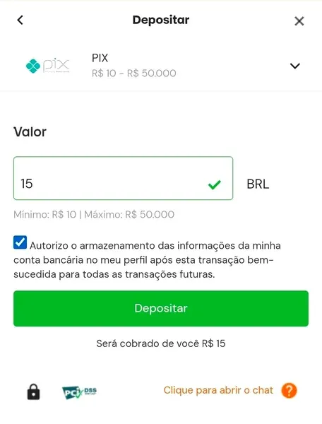 Simula&ccedil;&atilde;o de dep&oacute;sito de R$15 no aplicativo oficial Betsson
