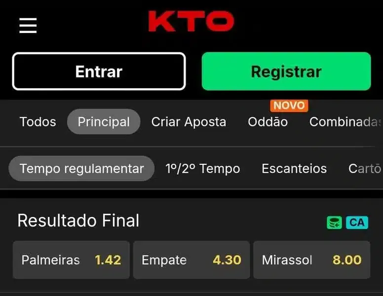 Captura de tela da aposta 1x2 em jogo na KTO