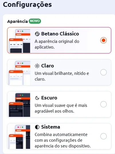 Modo de apar&ecirc;ncia novo no app da Betano