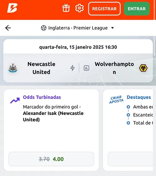 Exemplo de Odds Turbinadas na Betano