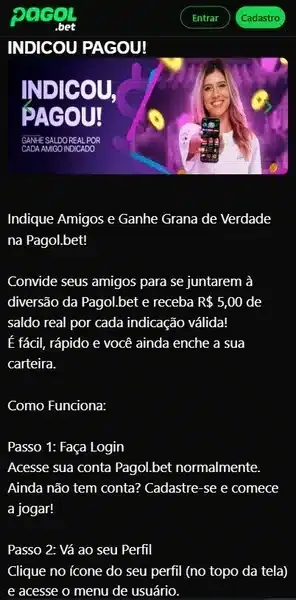 Captura de tela com o b&ocirc;nus por indica&ccedil;&atilde;o da Pagolbet
