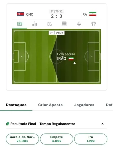 Captura de tela com apostas ao vivo