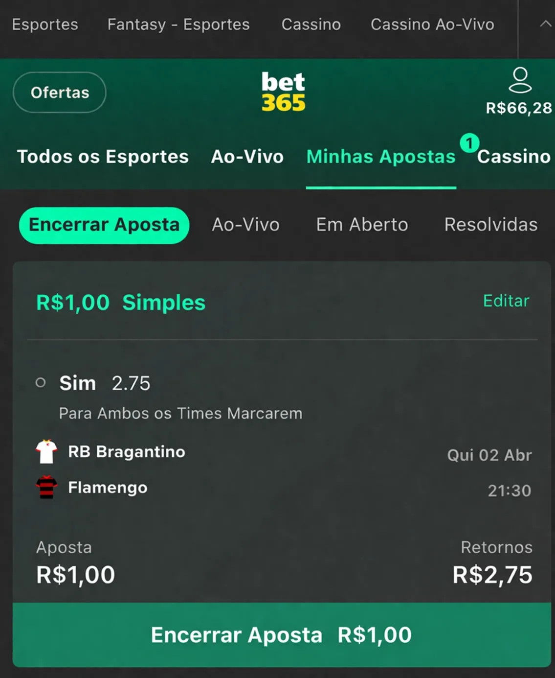 Cash out da Bet365 em jogo v&aacute;lido pela 9&ordf; rodada do Brasileir&atilde;o 2026