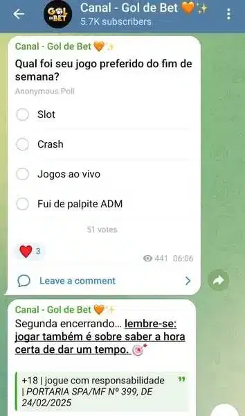 Captura de tela do grupo no Telegram da Goldebet