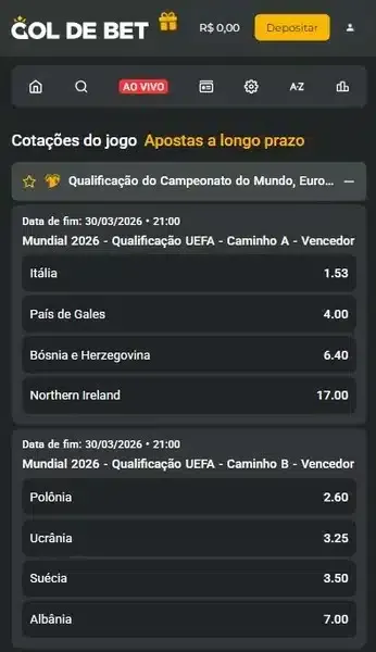 Captura de tela da p&aacute;gina da Goldebet, com as apostas dispon&iacute;veis na Copa do Mundo
