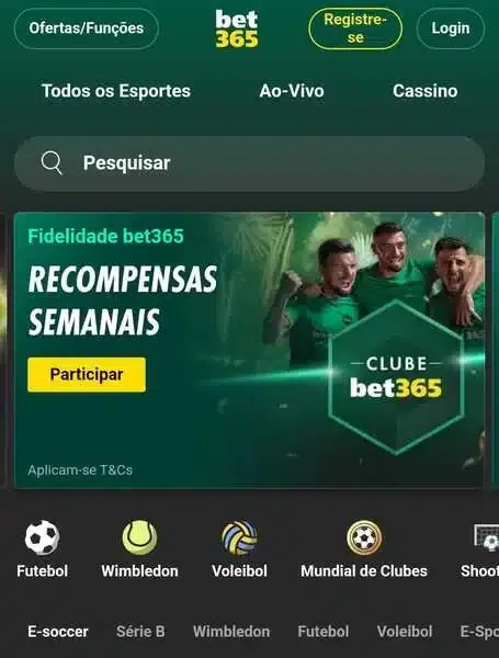 Captura de tela com a p&aacute;gina inicial da Bet365