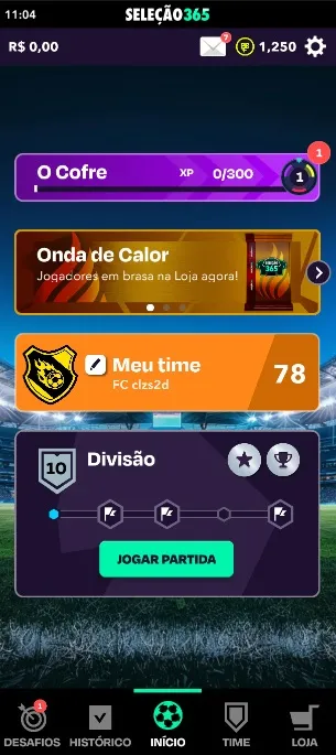 Tela inicial do Sele&ccedil;&atilde;o 365 da bet365 com placar do time, divis&atilde;o atual e bot&atilde;o para jogar partida