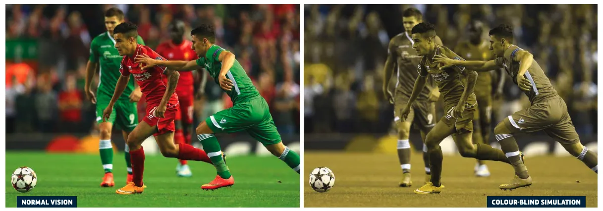 Como pessoas com daltonismo veem um confronto com uniformes vermelho e verde (Foto: Uefa/FA)
