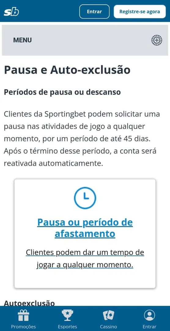 Captura de tela da p&aacute;gina de autoexclus&atilde;o na Sportingbet
