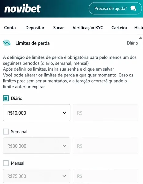 Limites de perda da Novibet