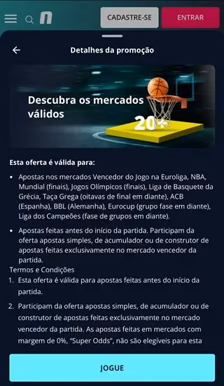 Captura de tela da p&aacute;gina da oferta de pagamento antecipado 20 pontos para basquete na Novibet