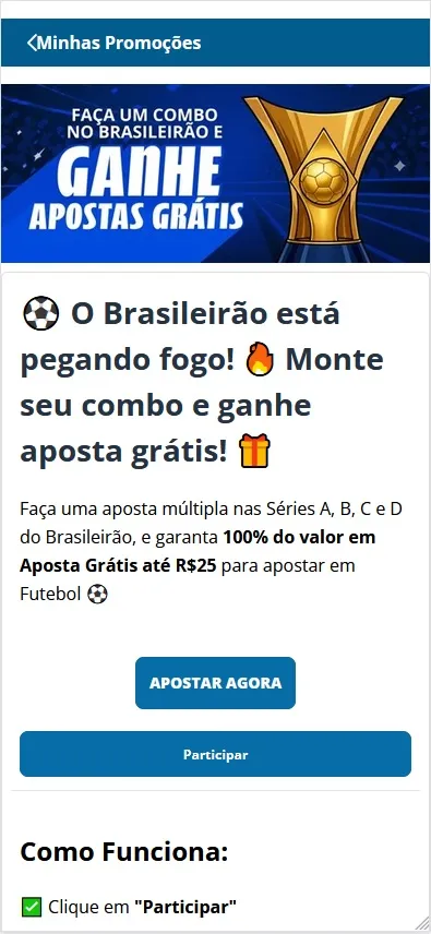 Promo&ccedil;&atilde;o Sportingbet Brasileir&atilde;o, aposta gr&aacute;tis at&eacute; R$25, bot&otilde;es Apostar Agora e Participar