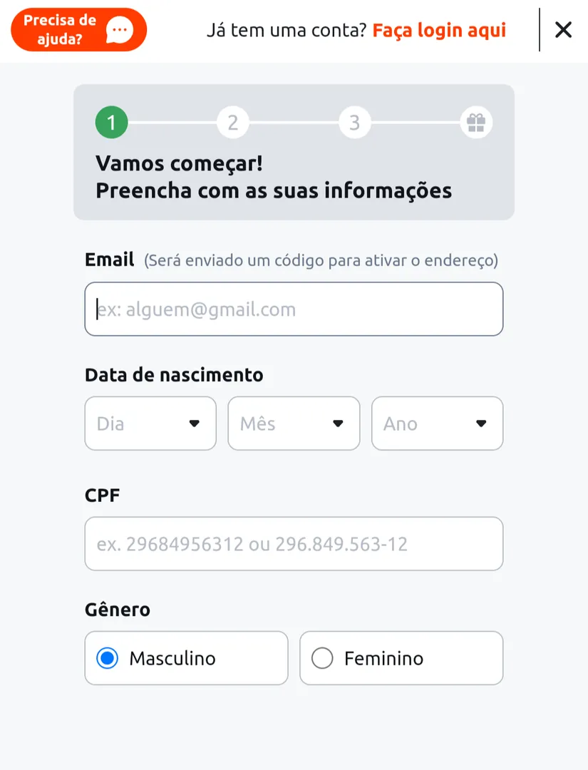 Formul&aacute;rio de cadastro na Betano