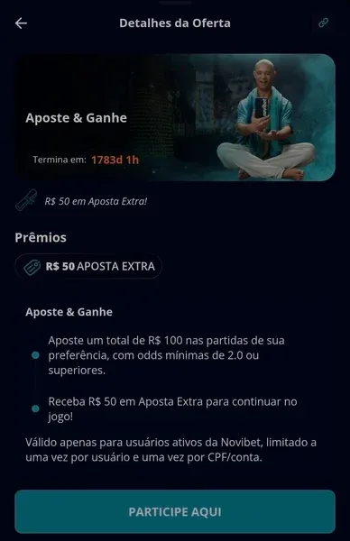 Captura de tela da promo&ccedil;&atilde;o &ldquo;Aposte & Ganhe&rdquo; da Novibet