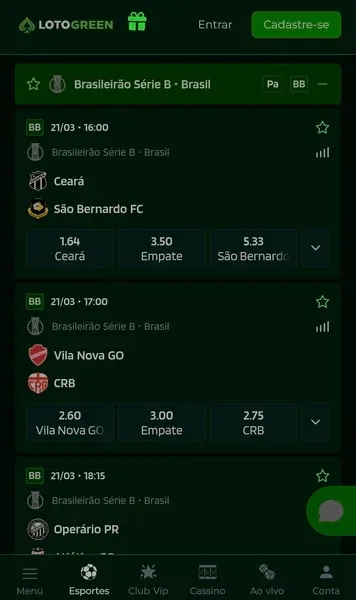 Mercados de apostas da S&eacute;rie B do Brasileir&atilde;o dispon&iacute;veis na Lotogreen