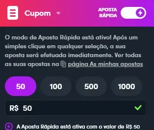 Captura de tela com a fun&ccedil;&atilde;o de aposta r&aacute;pida ativada para apostas na Blaze
