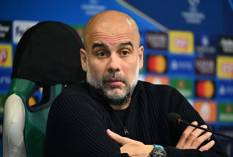 Pep Guardiola em coletiva antes do jogo Sporting x Manchester City pela Champions League 2024/25. Foto: Icon Sport
