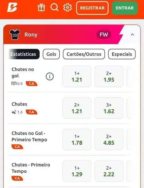 Captura de tela com os mercados de chutes individuais a gol na Betano