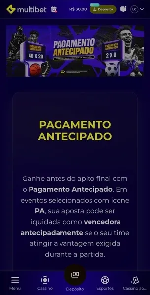 Banner promocional do pagamento antecipado na Multibet Brasil
