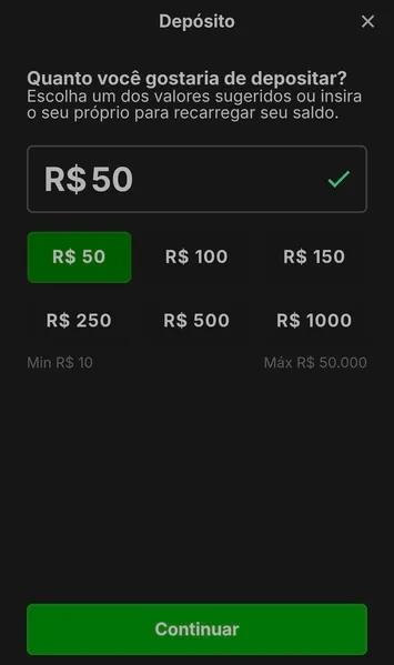 P&aacute;gina de dep&oacute;sitos na vers&atilde;o mobile do site de apostas KTO Brasil