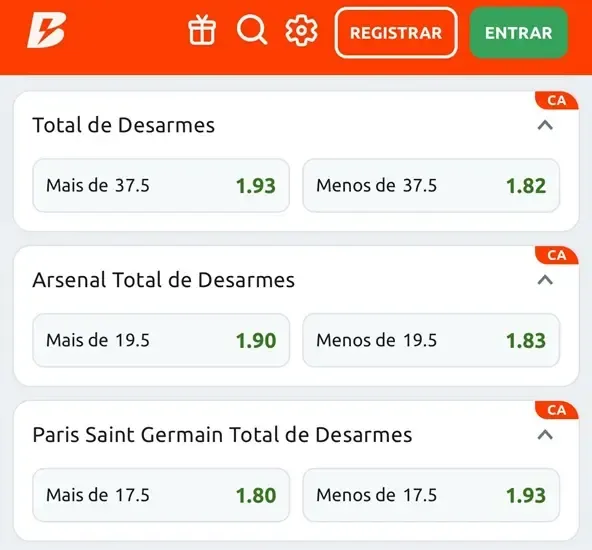 Captura de tela dos mercados de desarmes em uma partida de futebol na Betano
