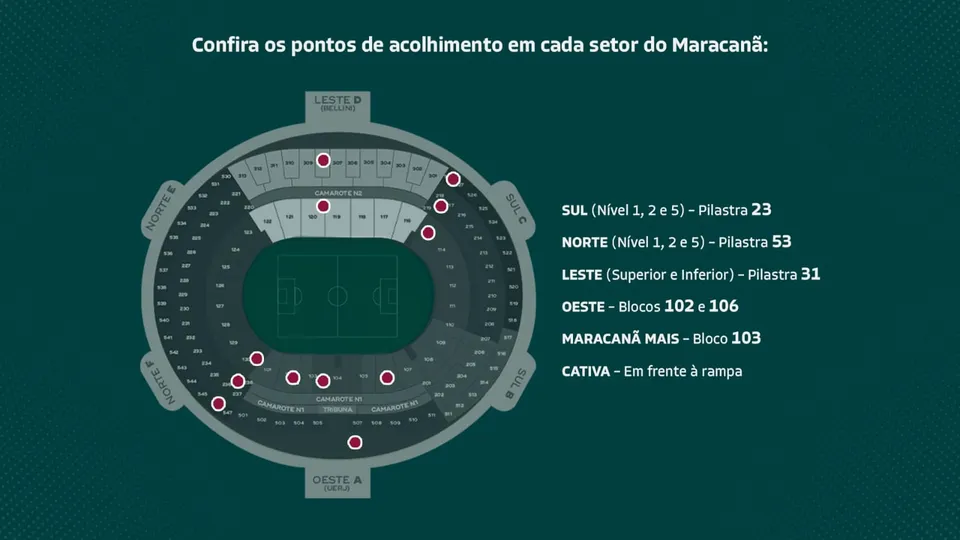 Mapa do Maracan&atilde; com pontos de acolhimento para mulheres v&iacute;timas de ass&eacute;dio ou viol&ecirc;ncia no Maracan&atilde; - Foto: Divulga&ccedil;&atilde;o/Fluminense FC
