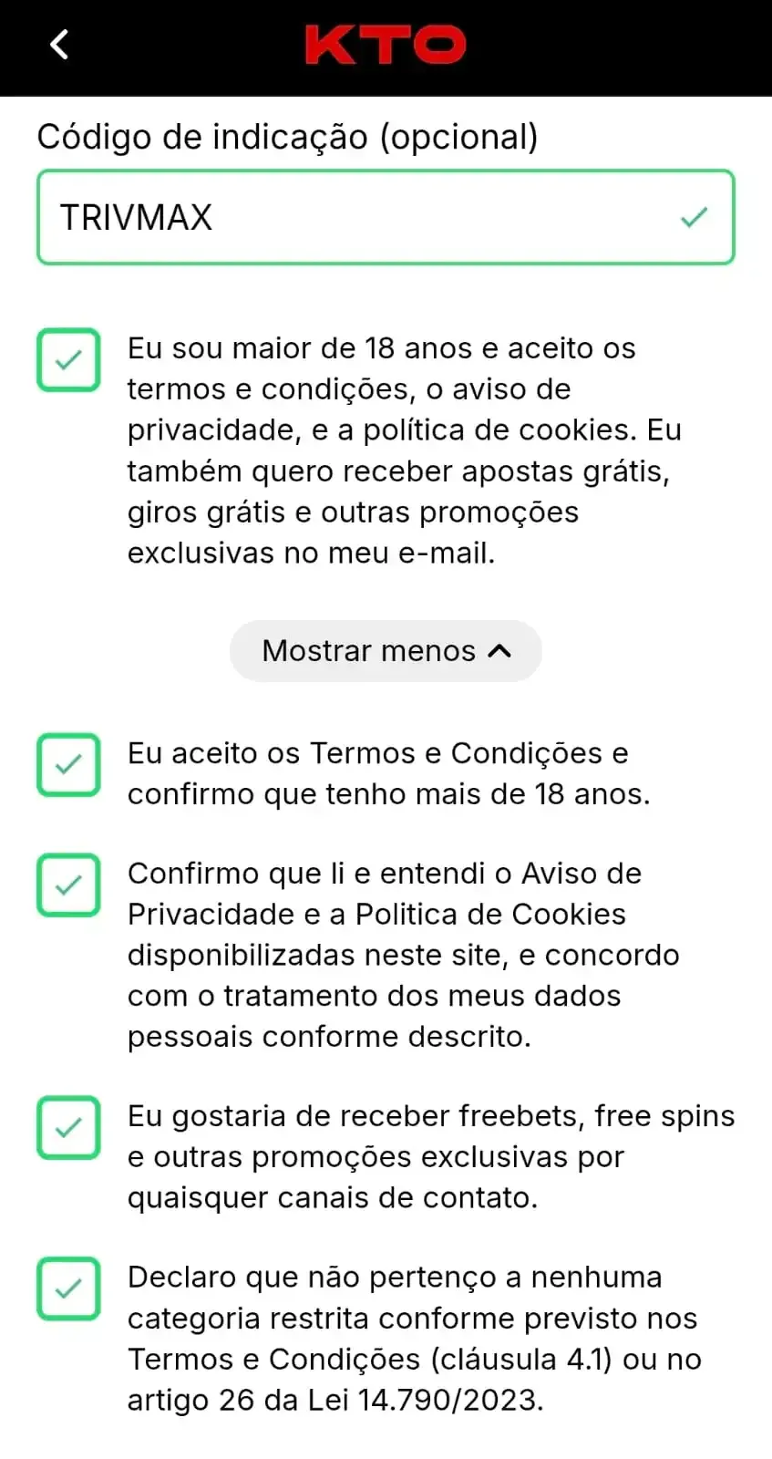 Captura de tela do formul&aacute;rio de registro na KTO com as confirma&ccedil;&otilde;es de maioridade e campo para inserir o c&oacute;digo da KTO.