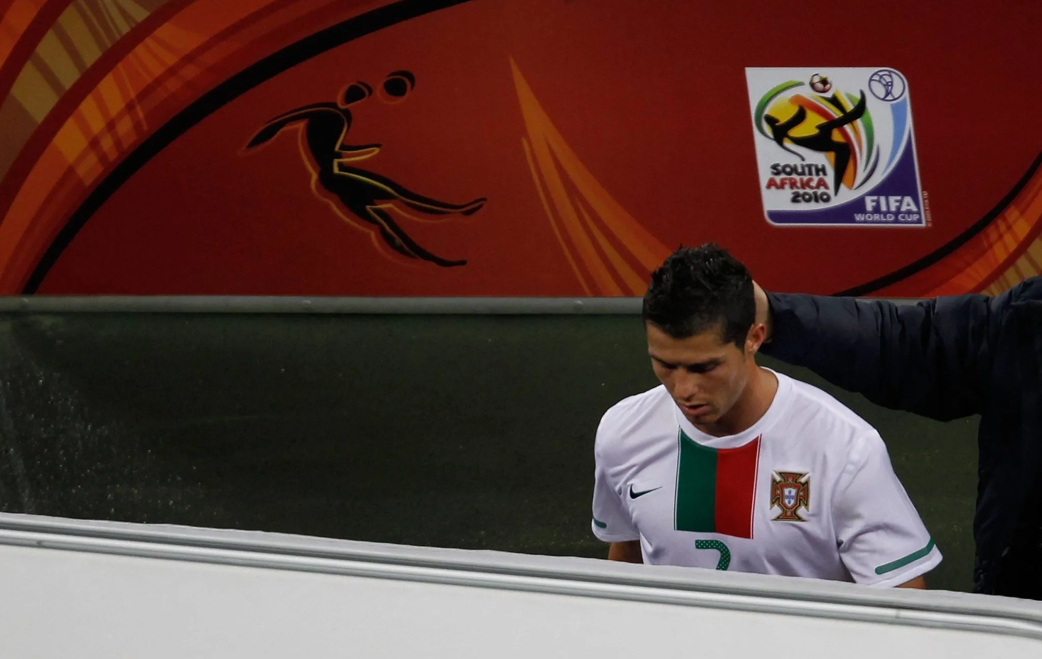 Cristiano Ronaldo of Portugal leaves the pitch after the 2010 World Cup round of 16 soccer match between Spain and Port