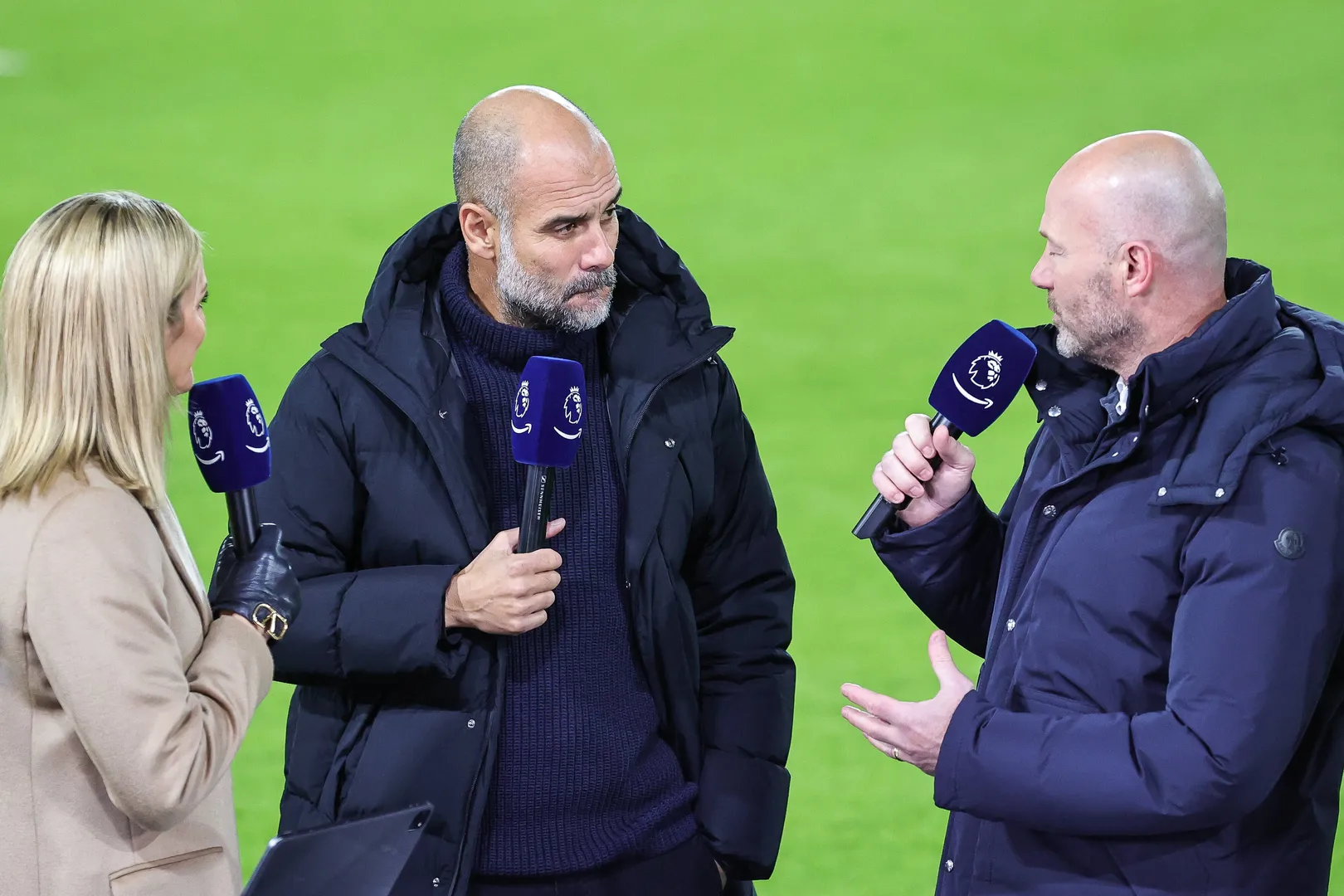Premier League Leeds United v Manchester City Pep Guardiola Manager of Manchester City during the pre match interview wi