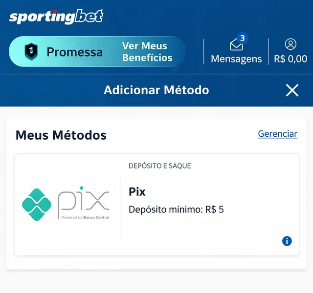 Simula&ccedil;&atilde;o de um dep&oacute;sito via Pix na Sportingbet, cujo valor m&iacute;nimo &eacute; R$5