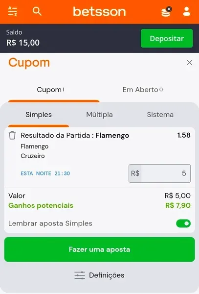 Bilhete de aposta na Betsson durante o jogo Flamengo x Cruzeiro, pelo Brasileir&atilde;o 2026
