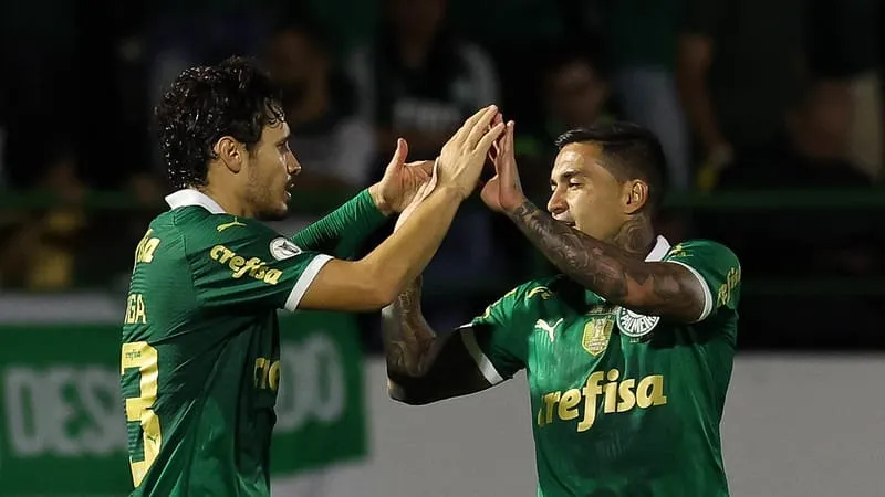 Veiga e Dudu comemoram o segundo gol do Palmeiras contra o Atl&eacute;tico-MG em Campinas pelo Campeonato Brasileiro.