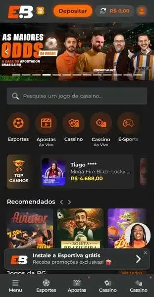 P&aacute;gina inicial do cassino da Esportiva Bet, com lista de jogos e filtros r&aacute;pidos de busca