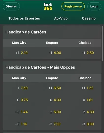 Captura de tela dos mercados de handicap de cart&otilde;es na Bet365 para Manchester City x Chelsea
