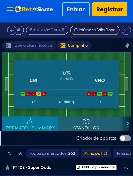 Captura de tela da funcionalidade de campinho para acompanhamento de jogos ao vivo na Bet d&aacute; Sorte