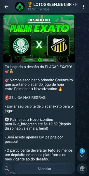 Exemplo de desafio de placar que aparece no grupo do Telegram da Lotogreen