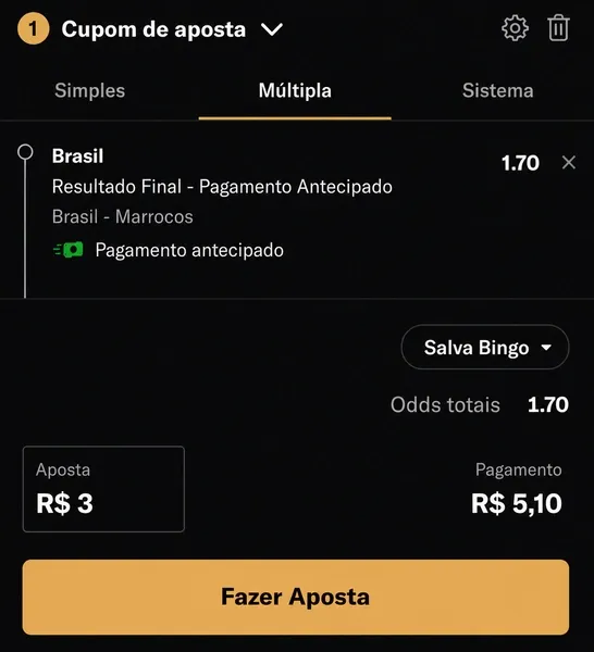 Aposta em vit&oacute;ria do Brasil com o recurso de pagamento antecipado da BetMGM dispon&iacute;vel
