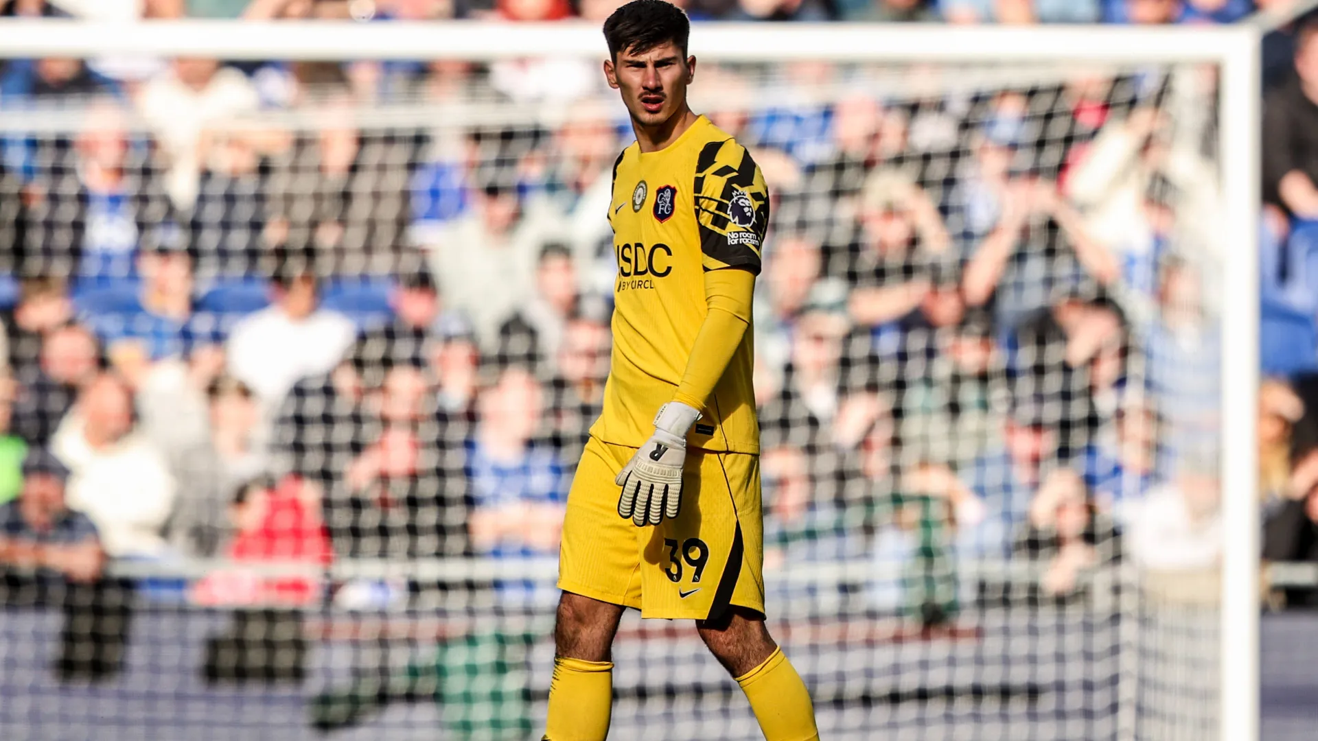 Mike Penders, goleiro do Chelsea, durante a partida da Premier League entre Everton e Chelsea, no Hill Dickinson Stadium, em Liverpool, no Reino Unido, em 17 de outubro de 2026.