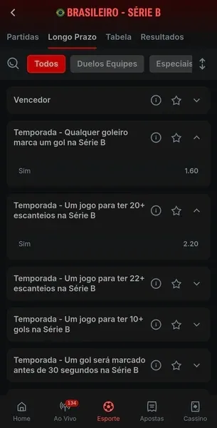 P&aacute;gina da Superbet com apostas de longo prazo na S&eacute;rie B do Brasileir&atilde;o
