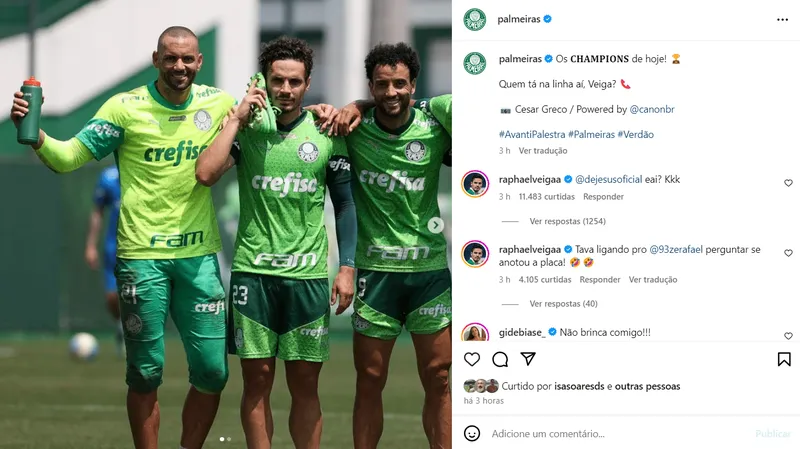 Detalhe do coment&aacute;rio de Raphael Veiga no post do Palmeiras