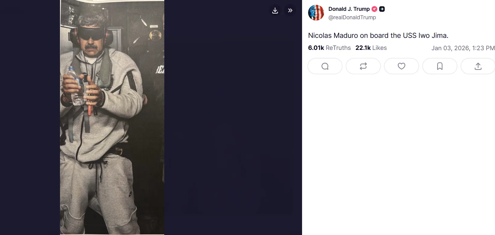 Foto de Maduro preso publicada pelo presidente dos Estados Unidos em sua rede social
