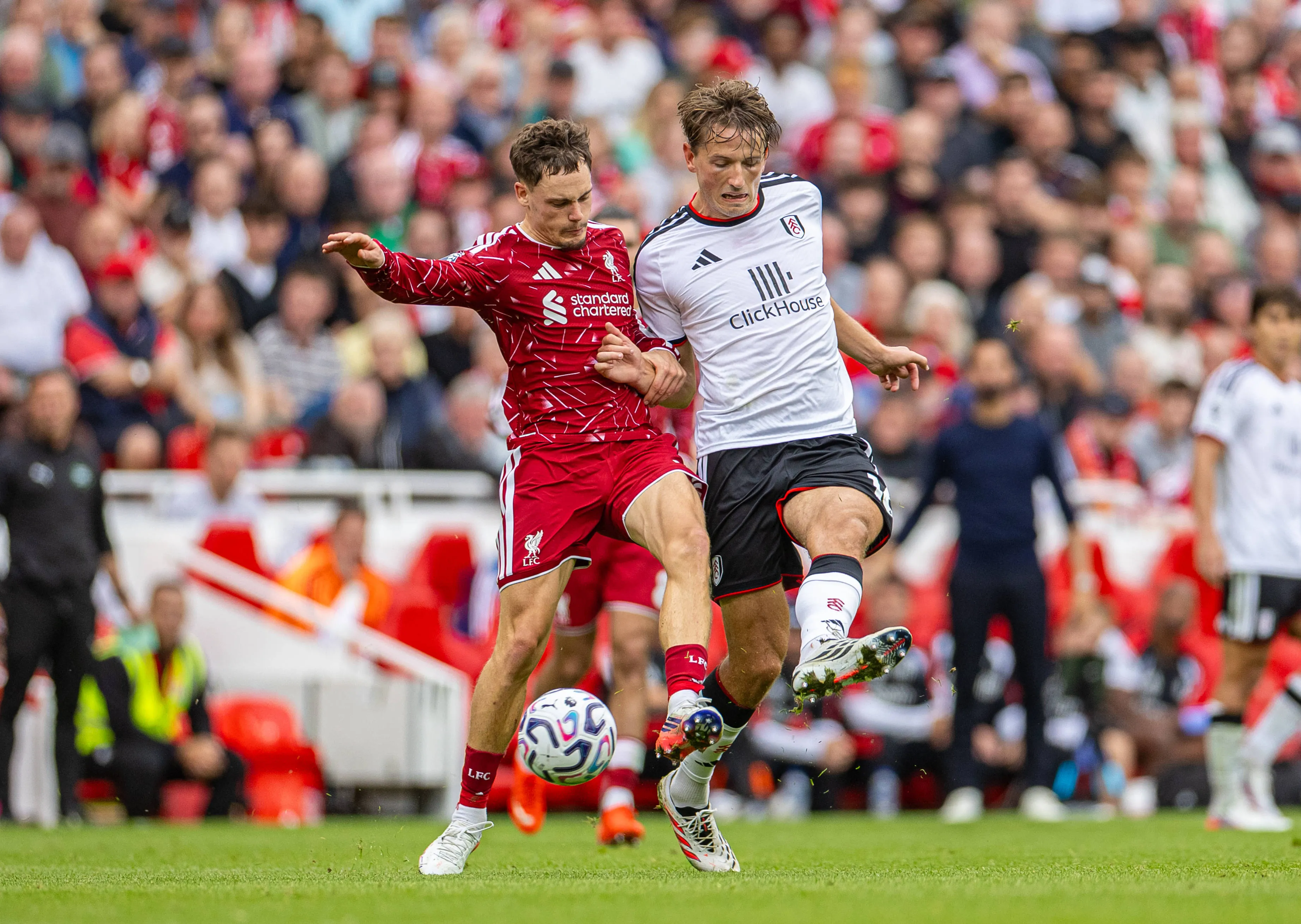Wirtz em disputa de bola contra Sander Berge em Liverpool x Fulham 