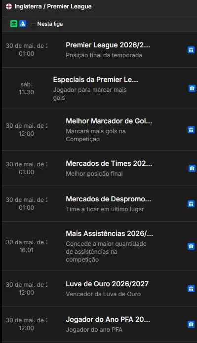 Mercados de longo prazo da Premier League 2026/2027 dispon&iacute;veis na KTO