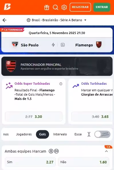 Captura de tela com o mercado "Ambos Marcam" no jogo S&atilde;o Paulo x Flamengo