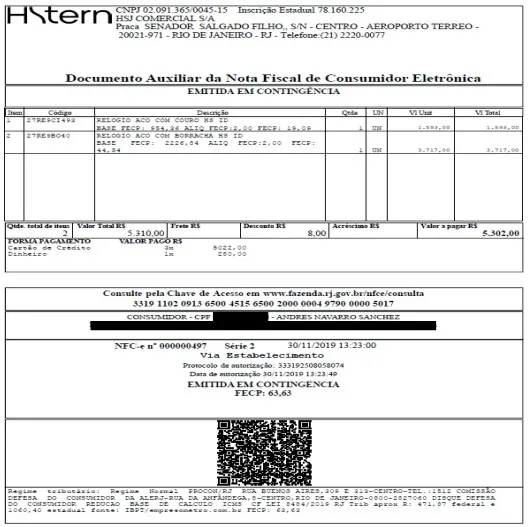 Nota fiscal rel&oacute;gio Andr&eacute;s Corinthians